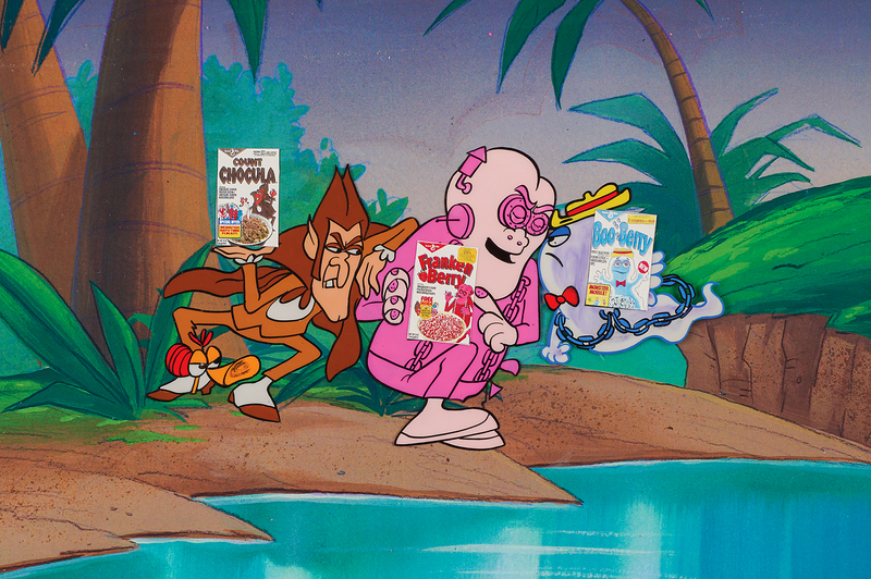 Lot 930 Count Chocula, Franken Berry, and Boo Berry production cel from a General Mills cereal TV commercial