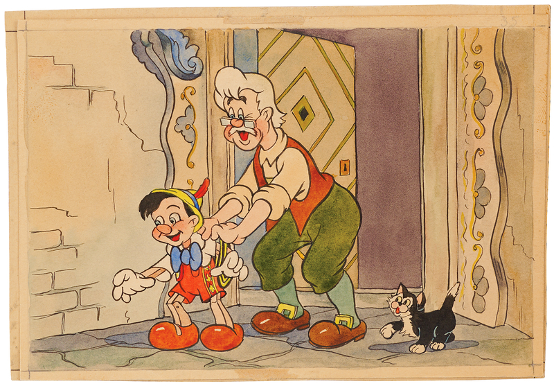 Lot 825 Pinocchio, Figaro, and Geppetto watercolor production painting for De Beukelaer's Cookies