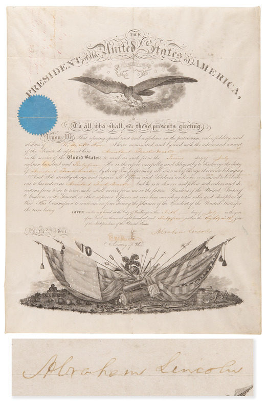 Lot 6 Abraham Lincoln Civil War-Dated Document Signed as President, Commissioning an Assistant Quartermaster
