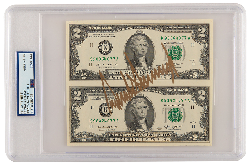 Lot 60 Donald Trump Signed Uncut $2 Dollar Bills - PSA GEM MINT 10