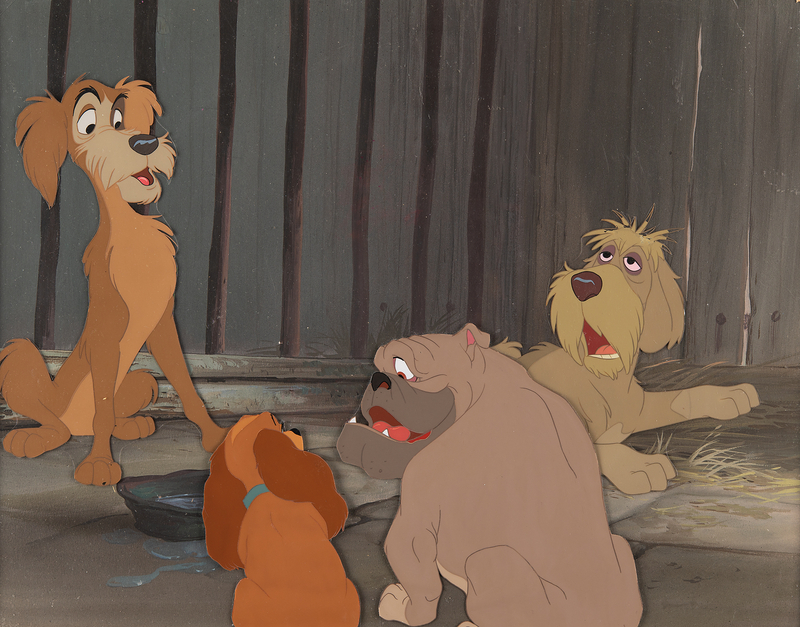 Lot 749 Lady, Toughy, Bull, and Pound Dog production cels and production background from Lady and the Tramp