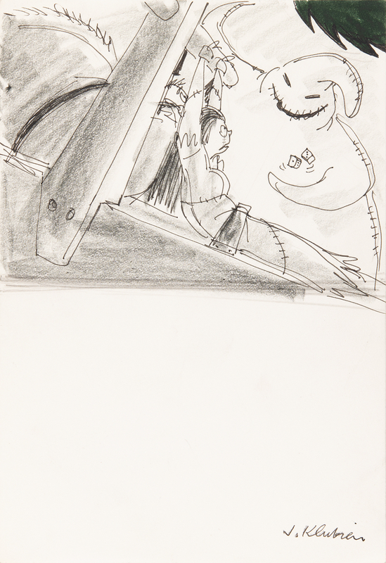 Lot 881 Jorgen Klubien production storyboard drawing of Sally and Oogie Boogie Storyboard from The Nightmare Before Christmas