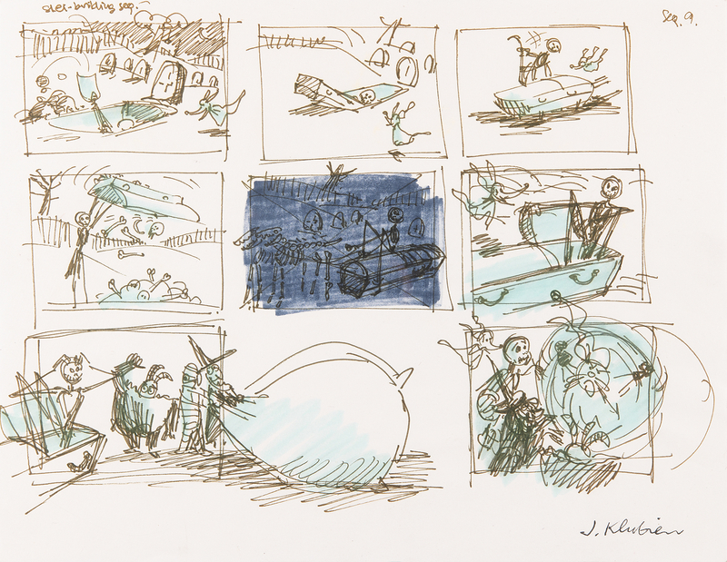 Lot 761 Jorgen Klubien production storyboard drawing of Jack Skellington, Zero, and Santa Claus from The Nightmare Before Christmas
