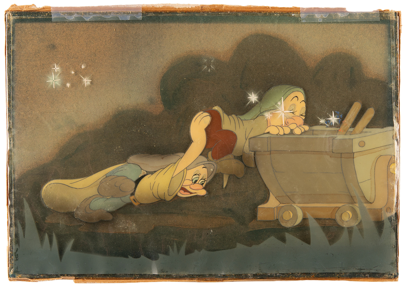 Lot 715 Dopey, Sleepy, and diamond minecart production cels from Snow White and the Seven Dwarfs