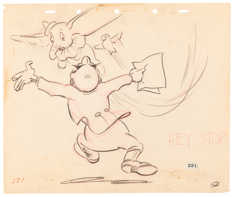 Lot 737 Dumbo and circus ringmaster concept storyboard drawing from Dumbo
