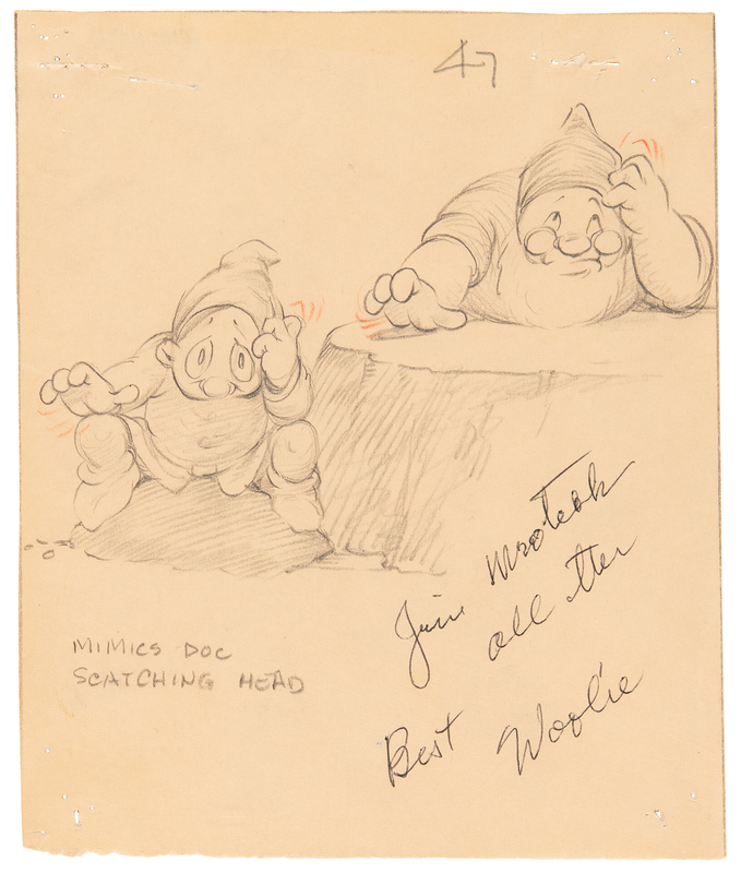 Lot 808 Wolfgang Reitherman early concept storyboard drawing of Doc and Dopey for Snow White and the Seven Dwarfs