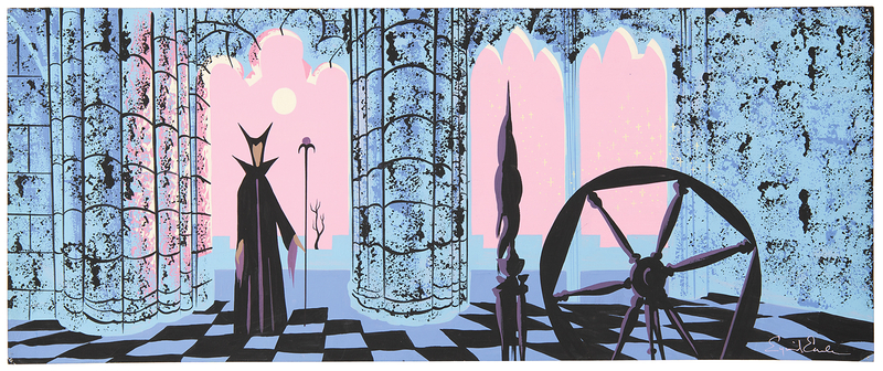Lot 774 Eyvind Earle panoramic concept storyboard painting of Maleficent and the spinning wheel from Sleeping Beauty