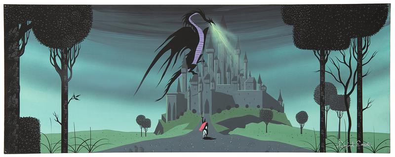 Lot 776 Eyvind Earle panoramic concept painting of Maleficent and Prince Phillip from Sleeping Beauty