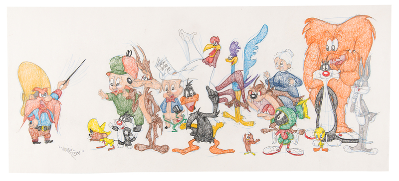 Lot 899 Virgil Ross Signed Original Panoramic Drawing of Looney Tunes Characters