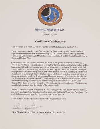 Lot #421 Apollo 14 Flown Franklin Mint Medallion - From the Personal Collection of Edgar Mitchell - Image 3