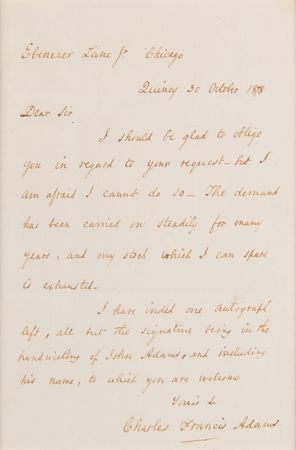 Lot #280 Charles Francis Adams Autograph Letter Signed, Offering His Last 