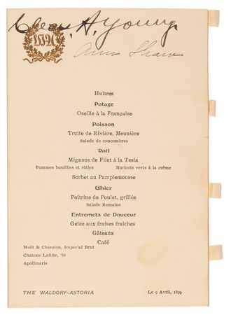 Lot #225 Nikola Tesla Signed Waldorf-Astoria Menu (1899), Listing the Special Roast Entree, 