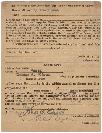 Lot #211 Thomas Edison Document Signed - Electric Vehicle Registration (1914) for His Detroit Electric Model 47 Brougham?an early example of an electric car, powered by Edison nickel-iron batteries - Image 1