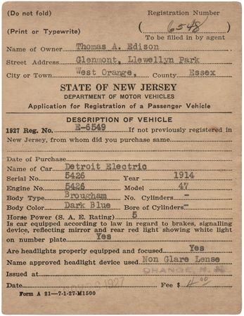 Lot #211 Thomas Edison Document Signed - Electric Vehicle Registration (1914) for His Detroit Electric Model 47 Brougham?an early example of an electric car, powered by Edison nickel-iron batteries - Image 2