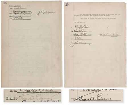 Lot #210 Thomas Edison (2) Documents Signed - Meeting Minutes for Thomas A. Edison, Inc. and the Edison Manufacturing Company - Image 1