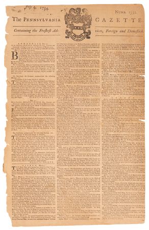 Lot #375 George Washington: Benjamin Franklin's The Pennsylvania Gazette from July 4, 1754 - Image 1