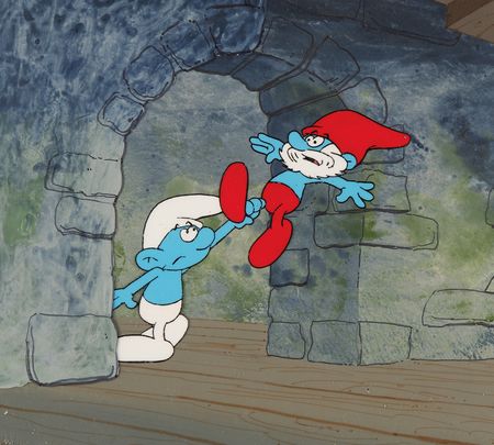 Lot #927 Papa Smurf and Grouchy Smurf production key master background set-up from The Smurfs - Image 1