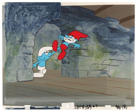 Lot #927 Papa Smurf and Grouchy Smurf production key master background set-up from The Smurfs - Image 2