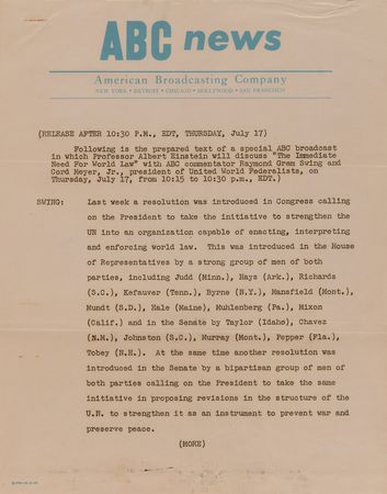 Lot #163 Albert Einstein ABC Press Release (1947): 