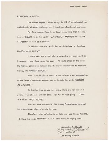 Lot #344 Marguerite Oswald Form Letter on the Warren Commission and JFK's Assassination - Image 1