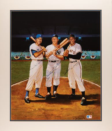 Lot #656 Mickey Mantle, Willie Mays, and Duke Snider Oversized Signed Lithograph by Ron Lewis - Image 1