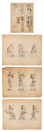 Lot #723 Pinocchio, Geppetto, and Jiminy Cricket model drawings (4) for Pinocchio Figurines - Image 1