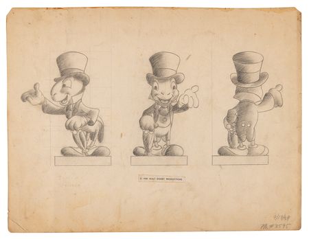 Lot #723 Pinocchio, Geppetto, and Jiminy Cricket model drawings (4) for Pinocchio Figurines - Image 3