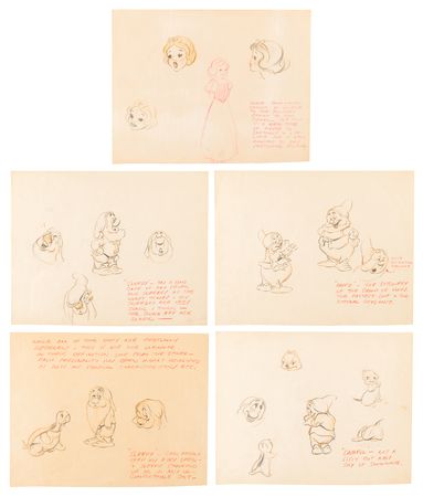 Lot #721 Snow White, Happy, Sneezy, Sleepy, and Bashful concept model drawings (5) from Snow White and the Seven Dwarfs - Image 1