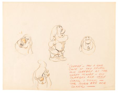Lot #721 Snow White, Happy, Sneezy, Sleepy, and Bashful concept model drawings (5) from Snow White and the Seven Dwarfs - Image 4