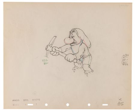 Lot #718 Sneezy, Bashful, Happy, Grumpy, and Doc production drawings (5) from Snow White and the Seven Dwarfs - Image 5
