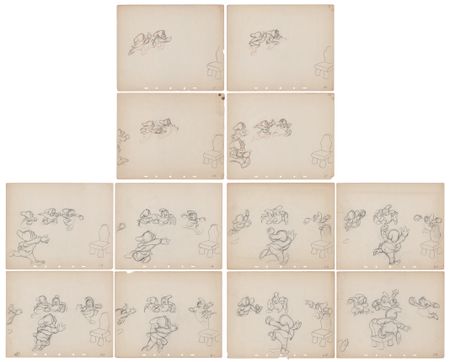 Lot #711 Dwarfs rough production drawings (12) from Snow White and the Seven Dwarfs - Dance Sequence Inside the Cottage - Image 1