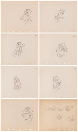 Lot #712 Doc, Dopey, Sleepy, Sneezy, and Bashful rough production drawings (7) and Dopey rough character model drawing from Snow White and the Seven Dwarfs - Image 1