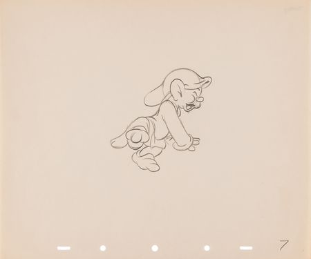Lot #712 Doc, Dopey, Sleepy, Sneezy, and Bashful rough production drawings (7) and Dopey rough character model drawing from Snow White and the Seven Dwarfs - Image 3