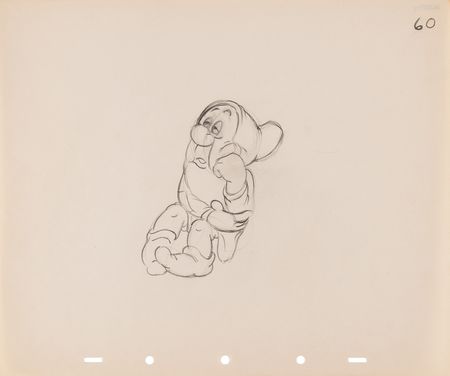 Lot #712 Doc, Dopey, Sleepy, Sneezy, and Bashful rough production drawings (7) and Dopey rough character model drawing from Snow White and the Seven Dwarfs - Image 4
