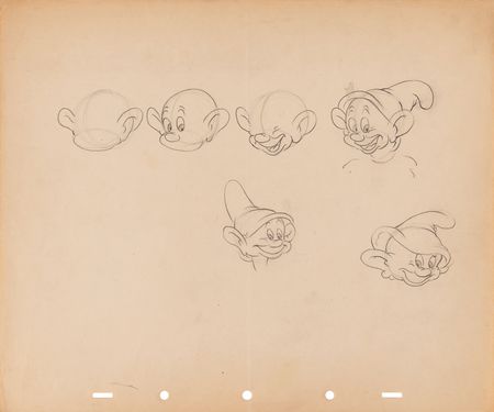 Lot #712 Doc, Dopey, Sleepy, Sneezy, and Bashful rough production drawings (7) and Dopey rough character model drawing from Snow White and the Seven Dwarfs - Image 9