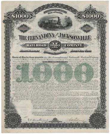 Lot #322 E. H. Harriman Signed 'Fernandina and Jacksonville Railroad Company' Bond - Image 1