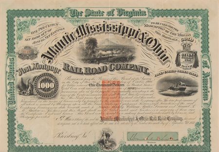 Lot #400 William Mahone Signed 'Atlantic, Mississippi & Ohio Rail Road Company' Bond - Image 1