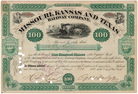 Lot #300 Grenville M. Dodge Signed 'Missouri, Kansas and Texas Railway Company' Stock Certificate - Image 1