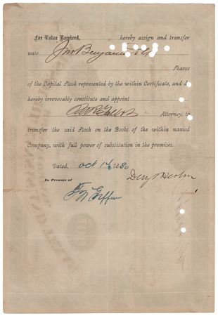 Lot #300 Grenville M. Dodge Signed 'Missouri, Kansas and Texas Railway Company' Stock Certificate - Image 2