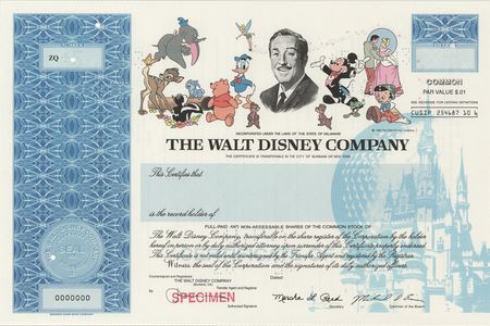 Lot #886 Walt Disney Company Unissued Stock Certificate - Image 1