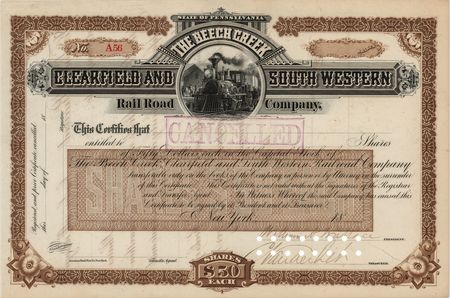 Lot #373 Cornelius Vanderbilt II Signed 'Beech Creek, Clearfield & South Western Railroad Company' Stock Certificate - Image 1