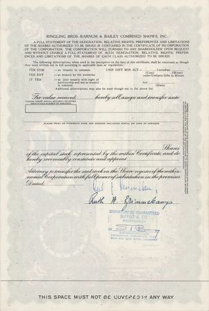 Lot #357 Ringling Bros. and Barnum & Bailey Circus Stock Certificate - Image 2