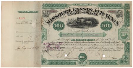 Lot #318 Jay Gould Signed 'Missouri, Kansas and Texas Railway' Stock Certificate - Image 1