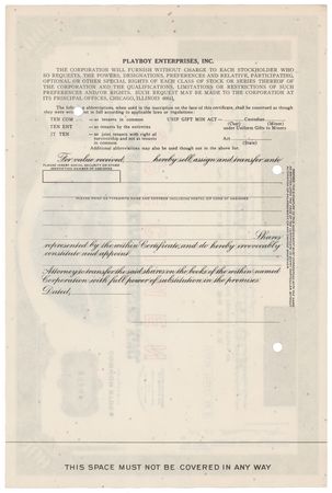 Lot #349 Playboy Enterprises Unissued Stock Certificate - Image 2