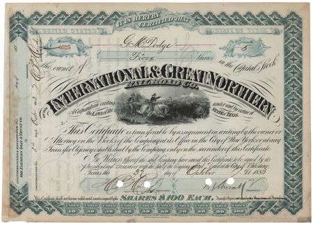 Lot #301 Grenville M. Dodge Signed 'International & Great Northern Railroad Co.' Stock Certificate - Image 1