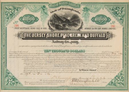 Lot #372 William K. Vanderbilt and Chauncey Depew Signed 'Jersey Shore, Pine Creek and Buffalo Railway' Bond - Image 2