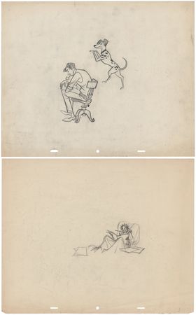 Lot #867 Cruella de Vil, Pongo, and Roger Radcliffe preliminary production drawings from One Hundred and One Dalmatians - Image 1