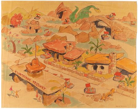 Lot #778 Bruce Bushman's 'Flintstone Freeway' attraction concept artwork print for Hanna-Barbera's Cartoonville theme park - Image 1