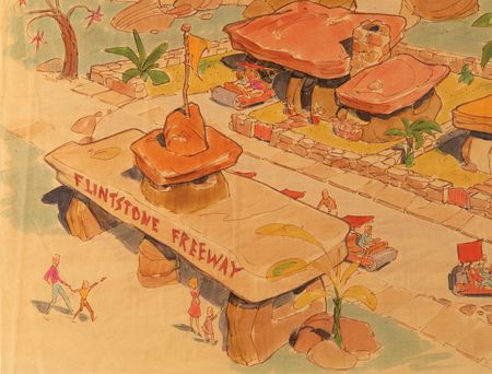 Lot #778 Bruce Bushman's 'Flintstone Freeway' attraction concept artwork print for Hanna-Barbera's Cartoonville theme park - Image 2