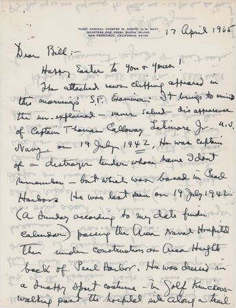 Lot #403 Chester Nimitz Autograph Letter Signed on the Unsolved Mystery of a Naval Officer's Disappearance Near Pearl Harbor - Image 1